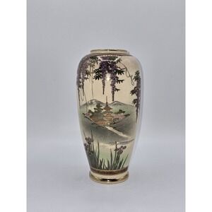 Antique Japanese Satsuma Vase Bizan Hand Painted Wisteria Pagoda Landscape Scene
